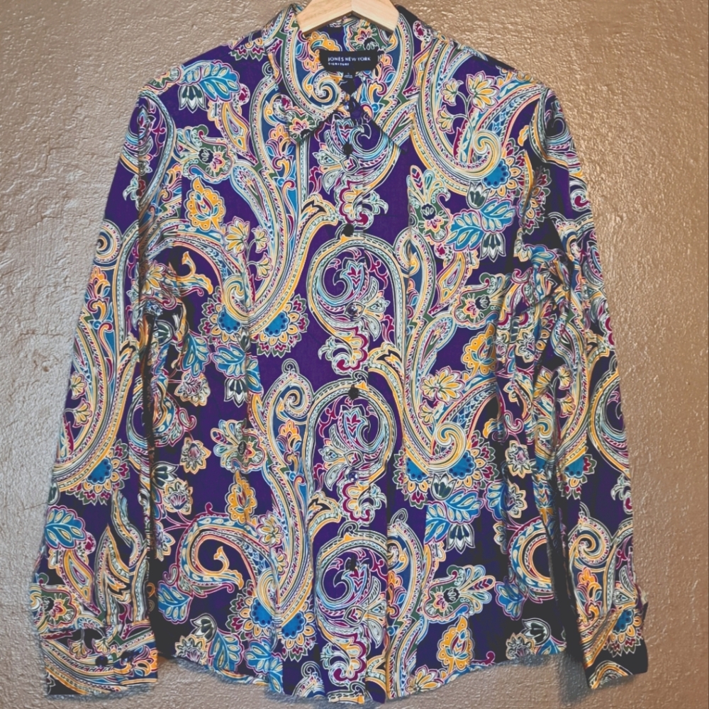 Jones New York Signature Button Front Shirt Multicolor Long Sleeve Size Large
